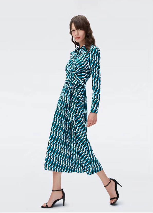 美国代购DVF 2023宝石绿几何印花衬衫式女针织裹身显瘦连衣裙SANA