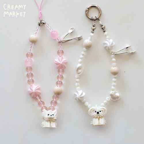 CreamyMarket一朵奶油小狗串珠手机链小猫餐具贝壳手机壳挂绳