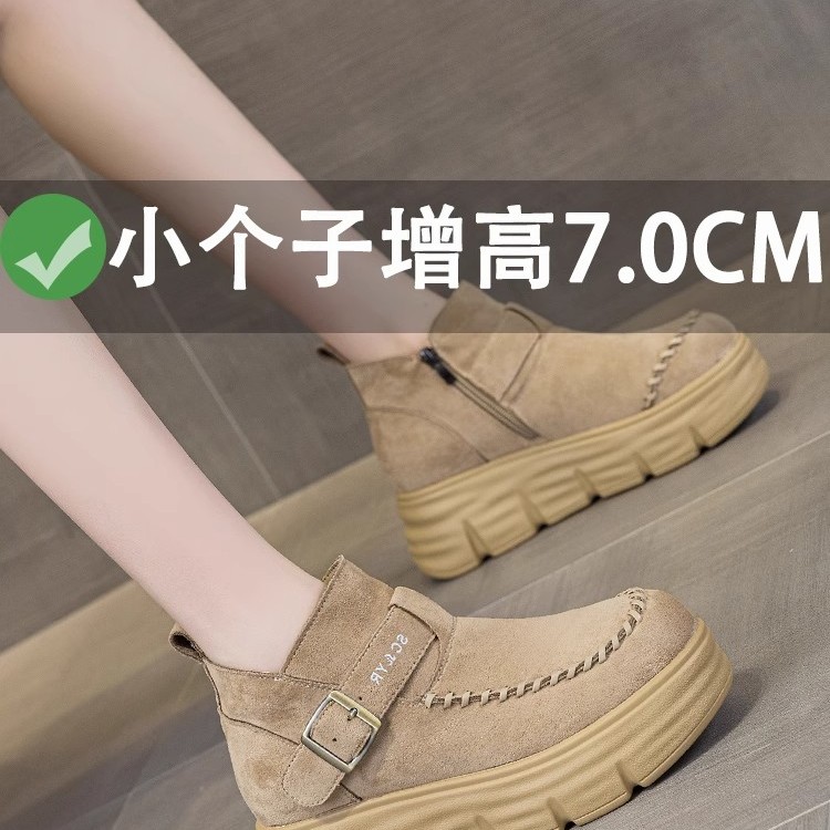 7cm小个子内增高马丁靴女英伦风秋冬款厚底反绒复古休闲勃肯短靴