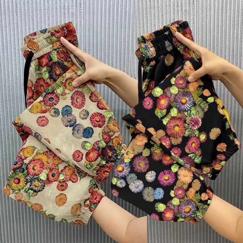 夏季薄款冰丝花裤女束脚百搭宽松遮肉显瘦休闲凉感哈伦九分灯笼裤