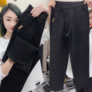 早春加厚毛呢亮片休闲裤 女士高腰显瘦洋气百搭直筒九分小脚老爹裤