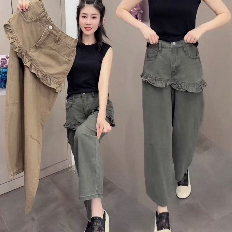 欧货秋季新款假两件牛仔裤女2026高腰弹力显瘦洋气百搭花边弯刀裤