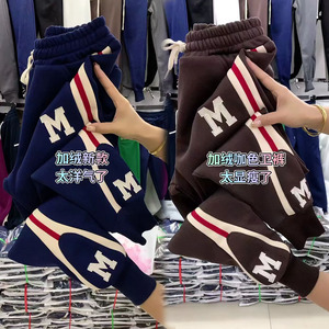 新款加绒加厚裤子女侧拼接高腰休闲裤韩版显瘦宽松运动裤秋冬卫裤