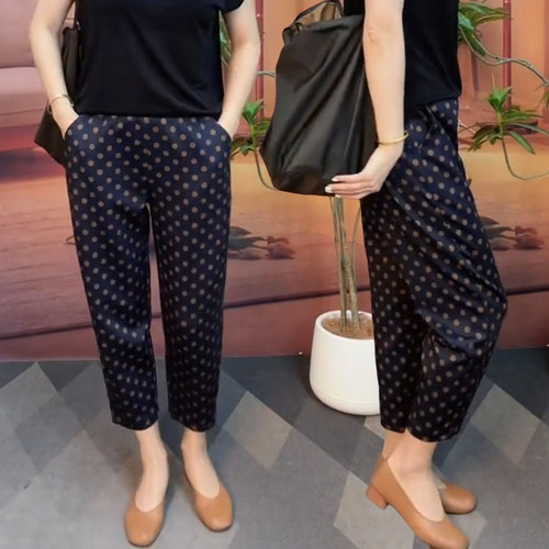高腰百搭波点九分宽松大码休闲裤