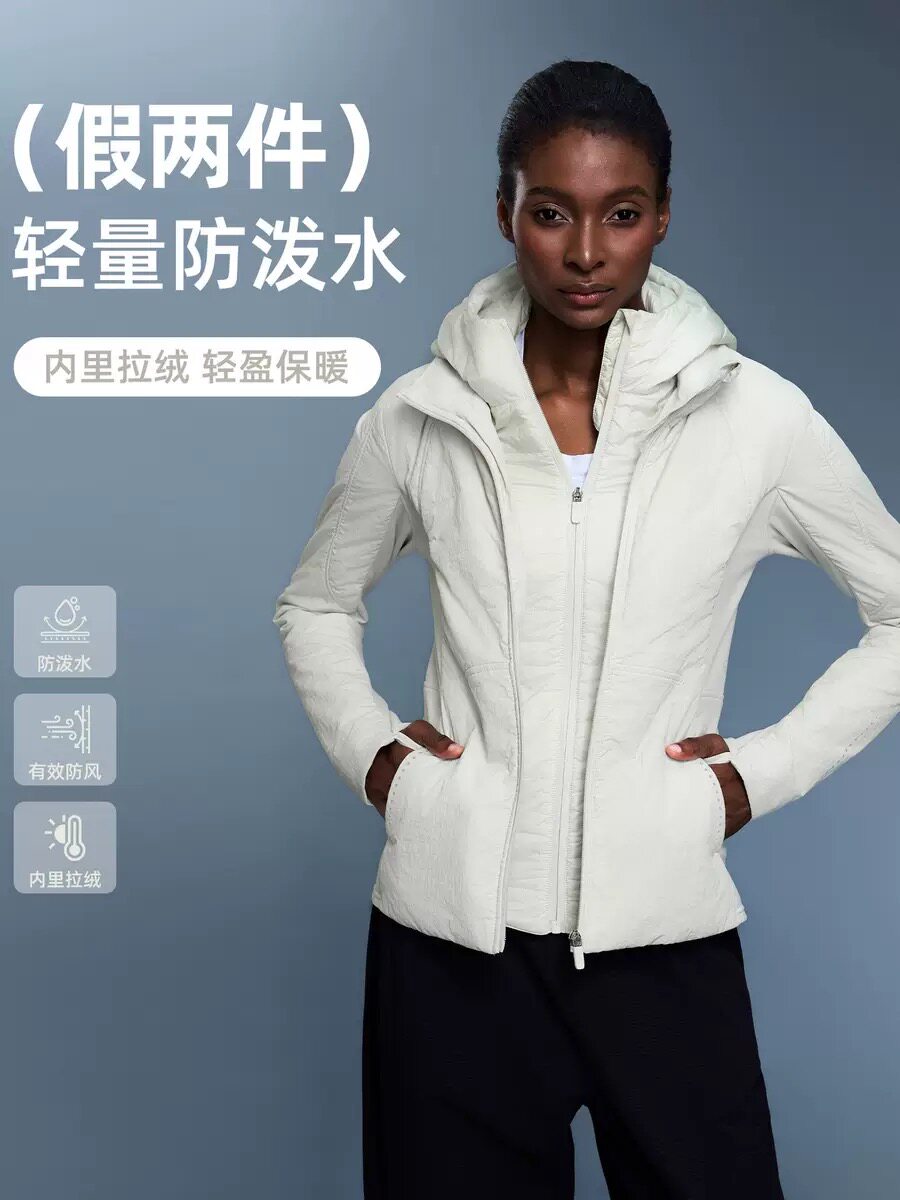 冬季假两件修身运动外套女轻薄保暖可拆连帽加绒棉服上衣D25120
