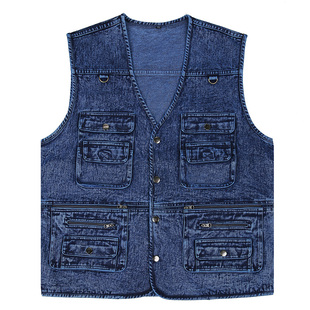 男士 按扣牛仔马甲春秋多口袋中老年户外马夹背心休闲宽松钓鱼坎肩