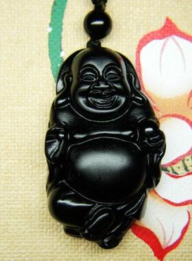天然黑曜石弥勒佛项链吊坠