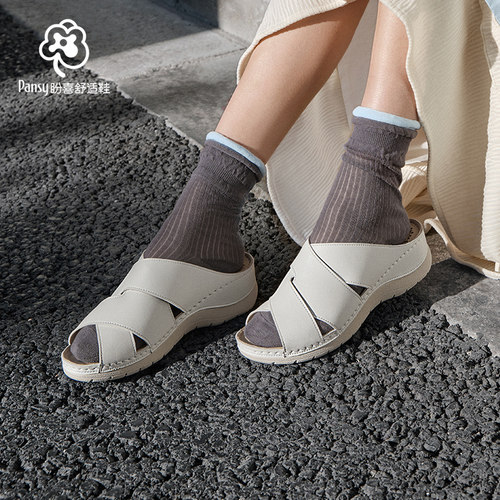 Pansy盼喜日本女士交叉带凉鞋轻便坡跟外穿凉2025年夏季新款5020