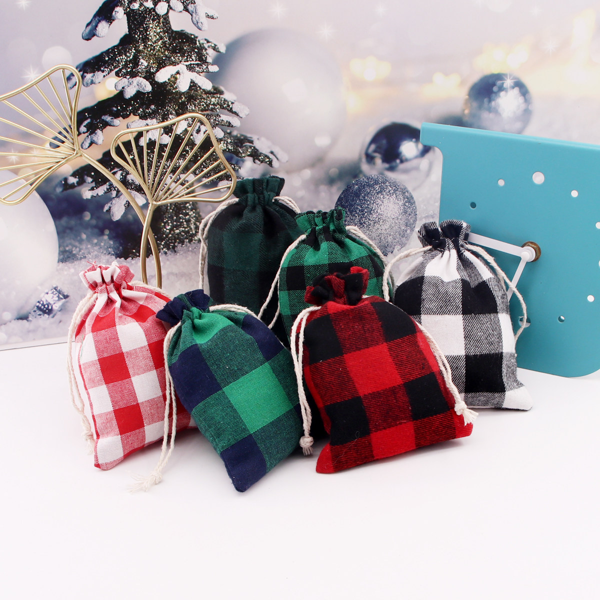 典美圣诞包装袋棉布格子袋