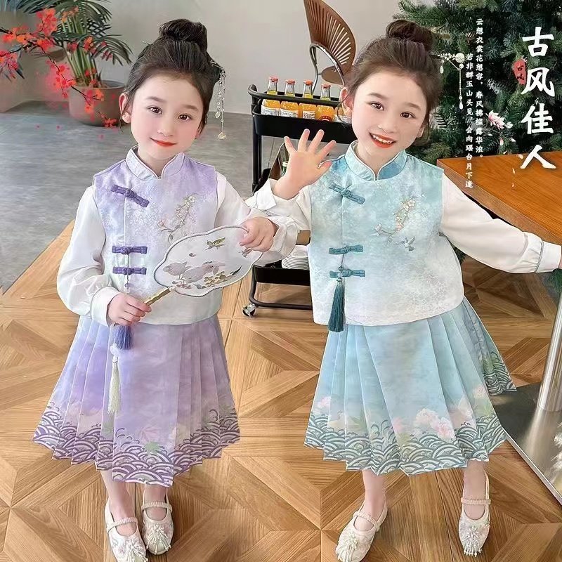2024新款女童马甲衬衣复古中国风汉服三件套马面裙春秋款超仙套装
