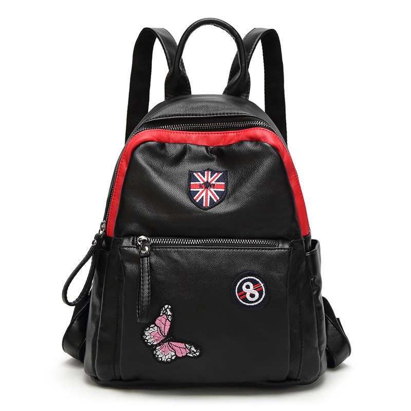 麦蒂尼2018韩版百搭刺绣蝴蝶图案时尚潮流PU双肩背包旅行包女