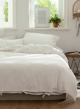 白色纯棉水洗棉四件套全棉简约纯色条纹绑带被套床笠床单床上用品