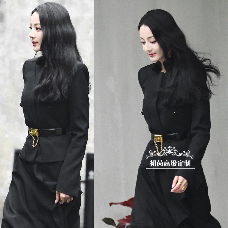 高端定制迪丽热巴同款黑色立领西装外套 不规则半裙新中式套装春