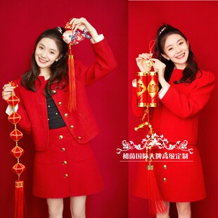 高级定制明星同款红色羊毛时尚洋气套装裙女优雅时尚修身名媛春秋