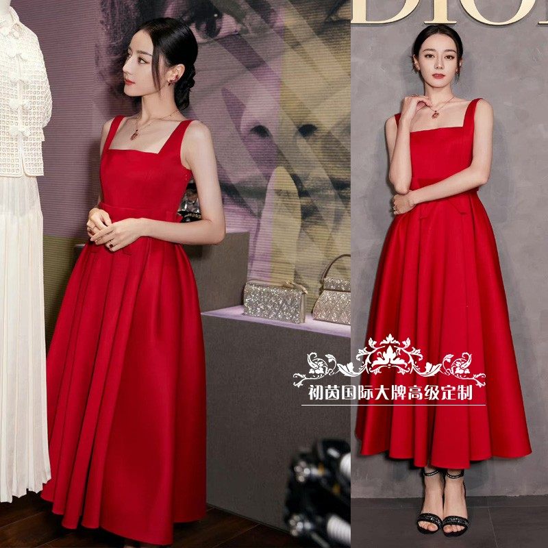 高级定制迪丽热巴同款红色丝毛缎面背带连衣裙女修身大摆晚礼服