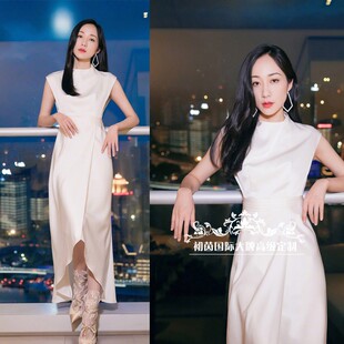夏装 白色重磅真丝连衣裙女中长款 立领连袖 高级定制明星韩雪同款
