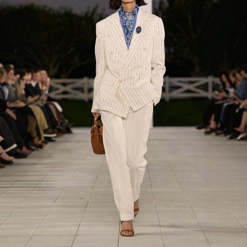 高端定制走秀新款白色竖条纹羊毛西装外套+裤子时尚老钱风套装裤