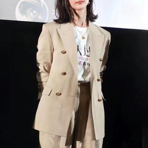 明星同款卡其色职业女裤套装