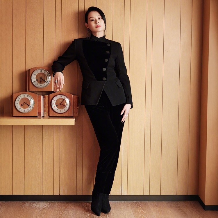 高级定制胡杏儿同款黑色纯羊毛拼接丝绒西装夹克外套裤子优雅套装