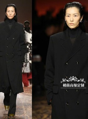 高级成衣定制刘雯黑色西装外套女超长款修身通勤英伦时尚大气春秋