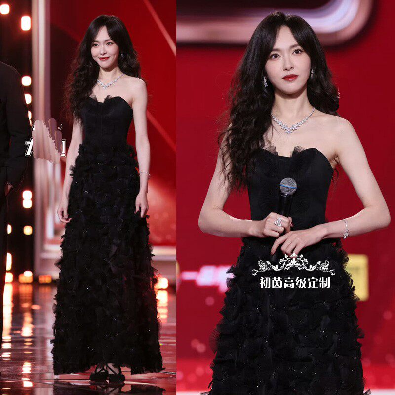 高级定制唐嫣明星同款黑色抹胸钉珠立体花朵晚礼服长款端庄优雅新