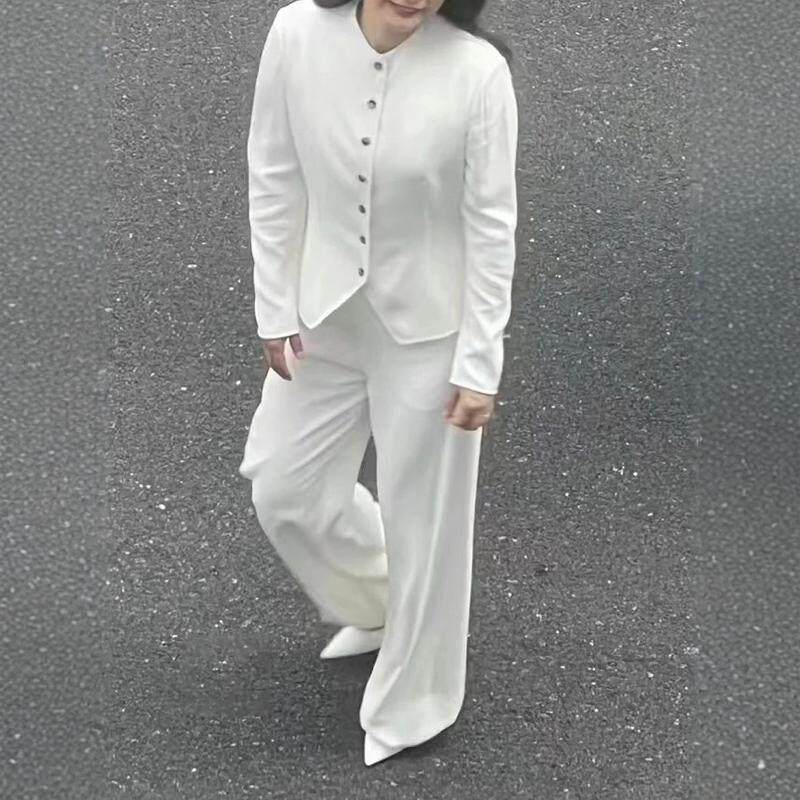 高级定制女士白色羊毛时尚套装高腰显高阔腿裤设计感优雅气质上衣