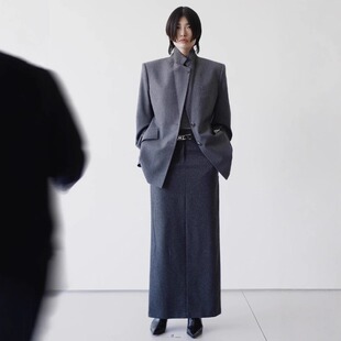 复古OL百搭职场通勤女 半裙套装 时髦高级松弛感灰色羊毛套装 西装