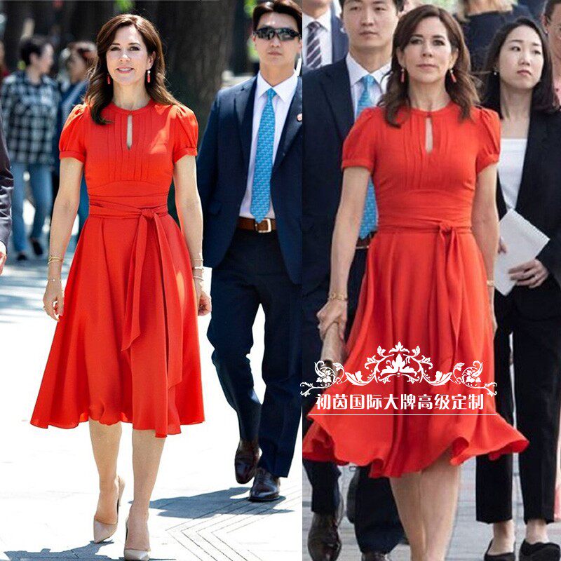 高级定制西班牙玛丽王妃同款红色圆领短袖真丝连衣裙女收腰大摆裙