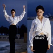 高级定制戛纳巩俐同款 夏 套装 白色扭结真丝衬衫 黑色鱼尾半裙经典
