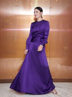 初茵秋冬新款宋佳紫色真丝长袖连衣裙轻奢优雅简约收腰显瘦晚礼服