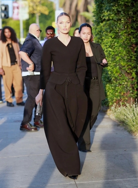 Elsa Hosk同款黑色套装时髦简约掐腰短款上衣休闲阔腿裤日常百搭