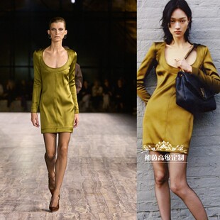 春 芥末绿色大圆领低领真丝连衣裙女短款 高级定制欧美时尚 走秀新款