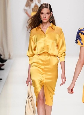 OL复古个性黄色真丝衬衫半裙套装时尚秀场气质高级感通勤百搭款女