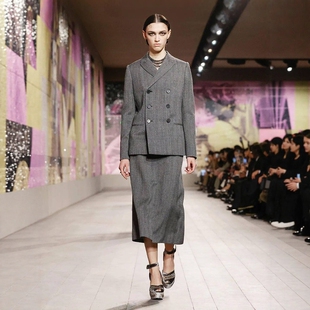 裙女修身 套装 职业西服秋冬OL 灰色双排扣商务西装 高级定制秀场经典