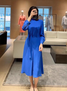 宝蓝色真丝系领连衣裙休闲气质女