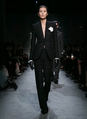 高端定制刘雯同款黑色亮丝西装套装裤女修身显瘦摩登时髦大牌春秋