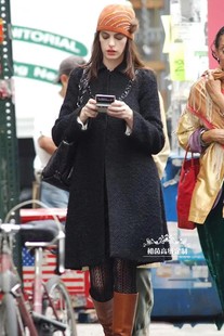 高端定制安妮海瑟薇同款黑色长袖中长女款冬季时尚羊毛呢大衣外套