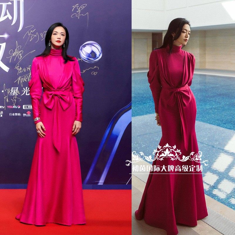 高端定制姚晨同款新娘晚礼服玫红色鱼尾真丝连衣裙长款修身春夏新