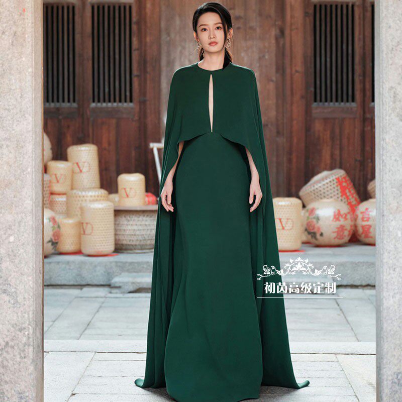 高级定制绿色斗篷披风连衣裙奢华礼服裙长款大牌时尚