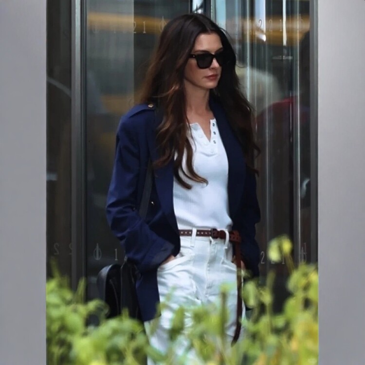 欧美大牌安妮海瑟薇同款藏蓝色羊毛西装夹克外套女中长款通勤OL