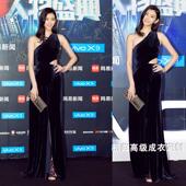 高级定制超模奚梦瑶同款 优雅 深蓝色真丝丝绒单肩露腰晚礼服女长款