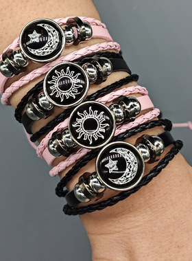 网红热销日月恋人时光皮革手链复古朋克多层串珠编织手链情侣夜光