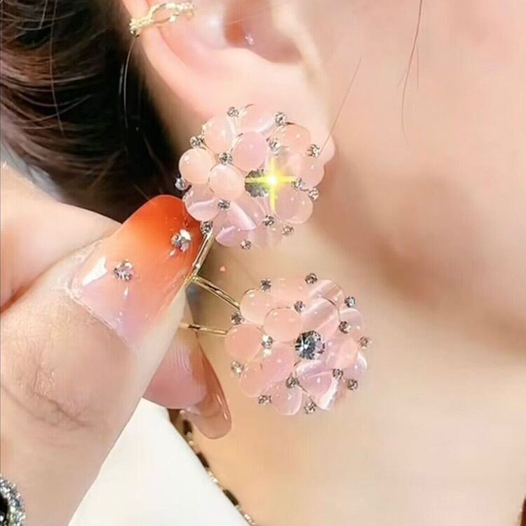 德国韩版镶钻猫眼石花朵耳钉简约甜美耳饰品时尚百搭甜美设计感耳