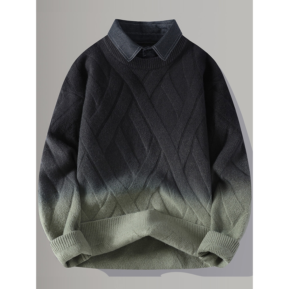 大牌高端衬衫领渐变毛衣男假两件针织衫男生装加厚保暖休闲线衣服