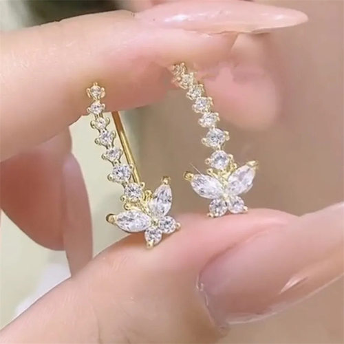 德国超仙紫色镶钻蝴蝶耳排耳环女小众设计精致百搭耳钉高级感个性