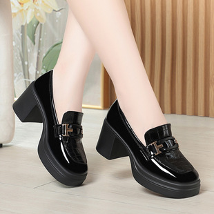 进口一件粗跟厚底乐福鞋女配裙子高跟女鞋百搭皮鞋女款单鞋