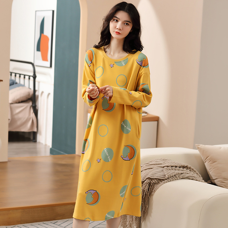 时尚新品睡裙棉质圆领卡通长袖连衣裙新款年女式可外穿大码家居服