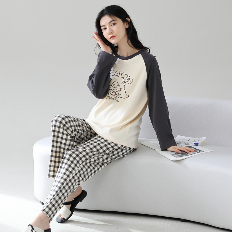 个性新品睡衣女纯棉长袖长裤圆领可爱印花可外穿休闲女士家居服新