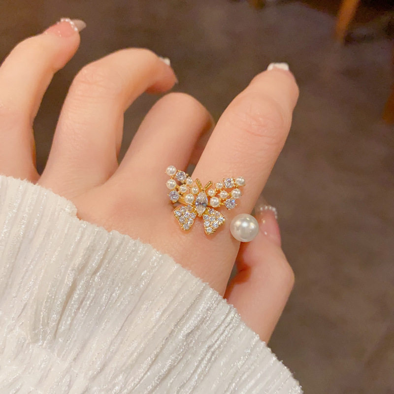 撤柜小众精致时尚百搭镶钻珍珠蝴蝶开口戒个性轻奢甜美简约食指戒