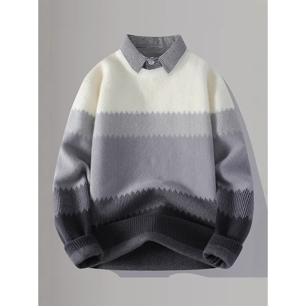 大牌高端衬衫领渐变毛衣青年男士假两件针织衫男加厚保暖休闲线男